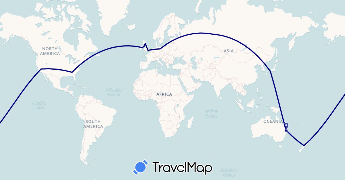 TravelMap itinerary: driving in Australia, Germany, United Kingdom, Ireland, Isle of Man, Japan, New Zealand, Russia, United States (Asia, Europe, North America, Oceania)